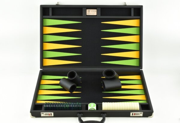Titan Series Black - Mai Green/Yellow Backgammon Set. 50mm (2 inch) Green & Creme Checkers - Image 2