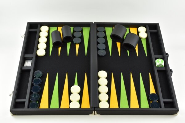 Titan Series Black - Mai Green/Yellow Backgammon Set. 50mm (2 inch) Green & Creme Checkers