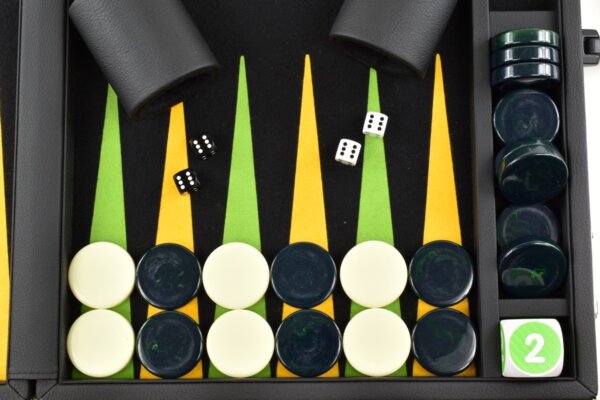 Titan Series Black - Mai Green/Yellow Backgammon Set. 50mm (2 inch) Green & Creme Checkers - Image 3