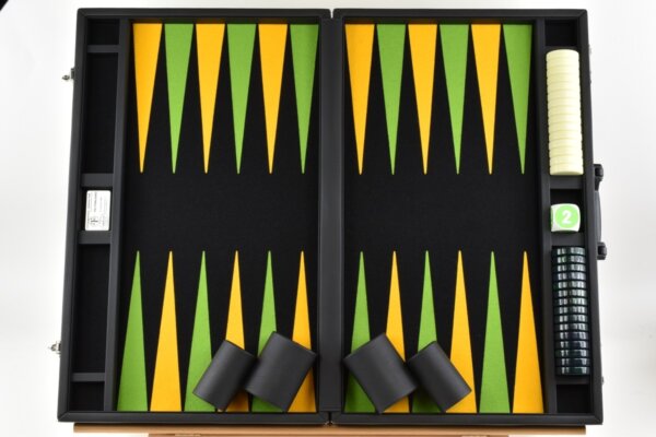 Titan Series Black - Mai Green/Yellow Backgammon Set. 50mm (2 inch) Green & Creme Checkers - Image 4