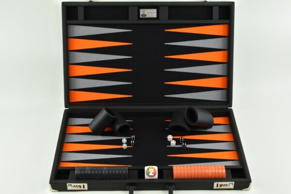 Titan Series Black-Orange-Gray Backgammon Set. 50mm (2") Orange and Gray Checkers - Image 3