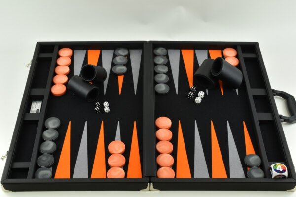 Titan Series Black-Orange-Gray Backgammon Set. 50mm (2") Orange and Gray Checkers