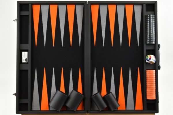 Titan Series Black-Orange-Gray Backgammon Set. 50mm (2") Orange and Gray Checkers - Image 5