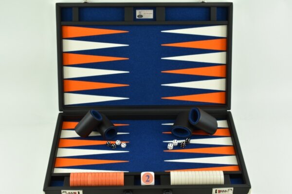 Titan Series Flecked Blue, Orange - White Backgammon Set. 50mm (2") Orange and White Checkers - Image 2