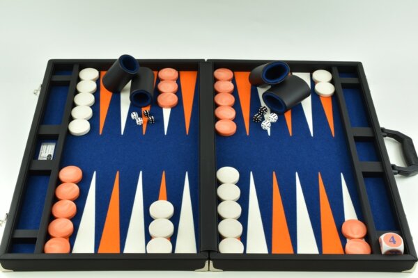 Titan Series Flecked Blue, Orange - White Backgammon Set. 50mm (2") Orange and White Checkers