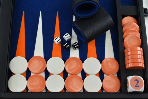 Titan Series Flecked Blue, Orange - White Backgammon Set. 50mm (2") Orange and White Checkers - Image 3