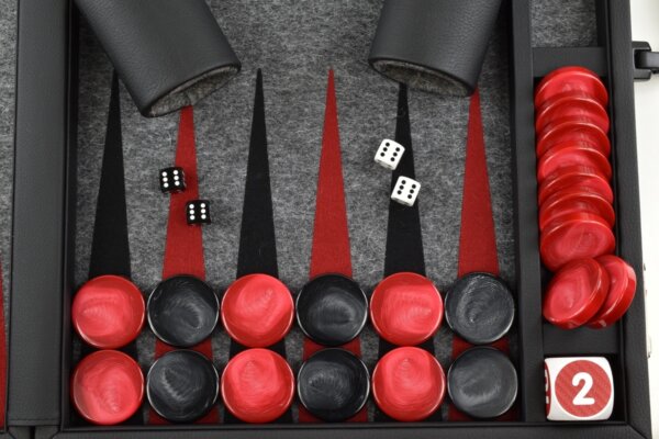 Titan Series Flecked Dark Gray - Red/Black Backgammon Set. 50mm (2 inch) Gray & Red Checkers - Image 3