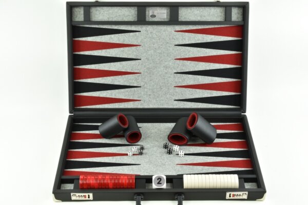 Titan Series Flecked Gray-Red-Black Backgammon Set. 50mm (2") Red and White Checkers - Image 2