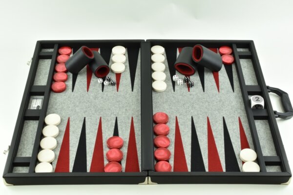 Titan Series Flecked Gray-Red-Black Backgammon Set. 50mm (2") Red and White Checkers