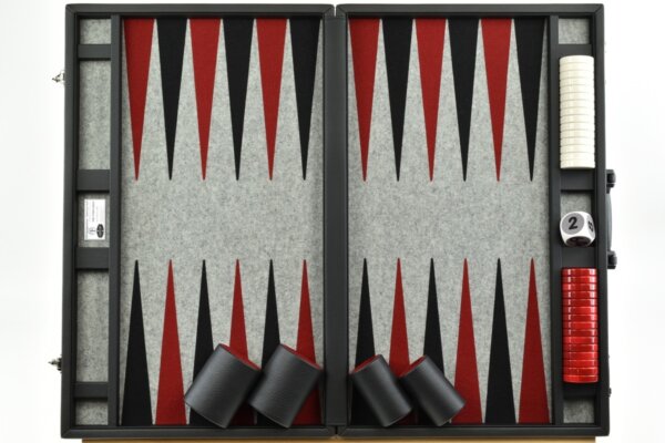 Titan Series Flecked Gray-Red-Black Backgammon Set. 50mm (2") Red and White Checkers - Image 4