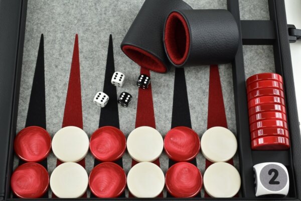 Titan Series Flecked Gray-Red-Black Backgammon Set. 50mm (2") Red and White Checkers - Image 3