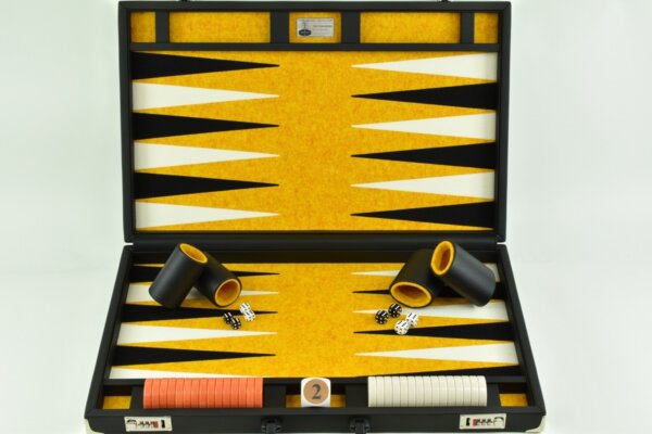 Titan Series Flecked Saffron, Black - White Backgammon Set. 50mm (2") Orange and White Checkers - Image 2