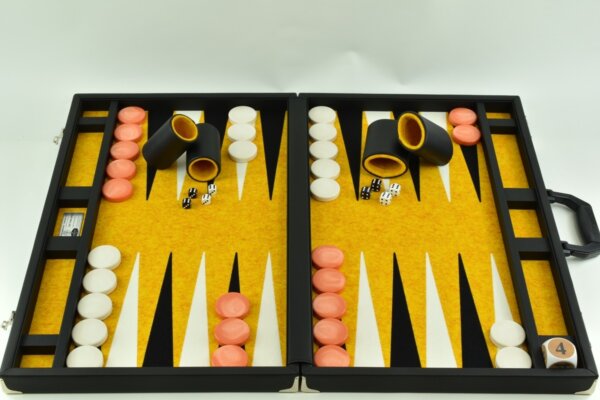 Titan Series Flecked Saffron, Black - White Backgammon Set. 50mm (2") Orange and White Checkers