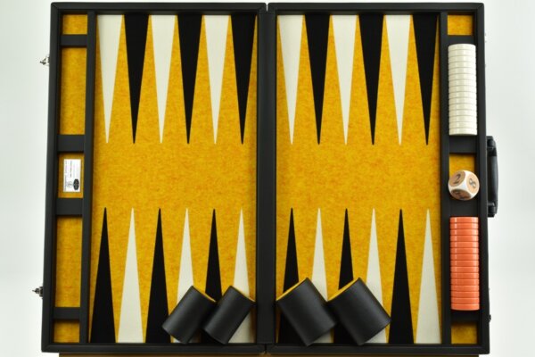 Titan Series Flecked Saffron, Black - White Backgammon Set. 50mm (2") Orange and White Checkers - Image 4