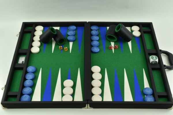 Titan Series Green-Blue-White Backgammon Set. 50mm (2") Blue and White Checkers