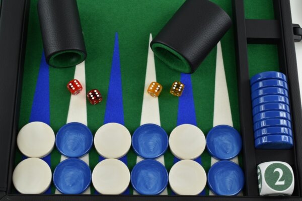 Titan Series Green-Blue-White Backgammon Set. 50mm (2") Blue and White Checkers - Image 3