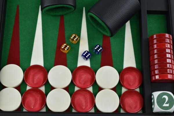Titan Series Green-Red-White Backgammon Set. 50mm (2") Red and White Checkers - Image 3