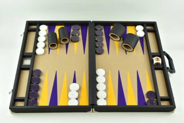 Sand-Purple-Gold Jumbo FTH Backgammon Set. 50mm Checkers