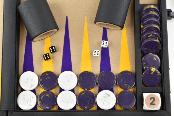 Sand-Purple-Gold Jumbo FTH Backgammon Set. 50mm Checkers - Image 3