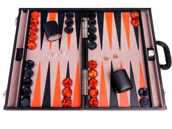 Aries™ Professional Leather Backgammon Set - Black Case with Beige Field
