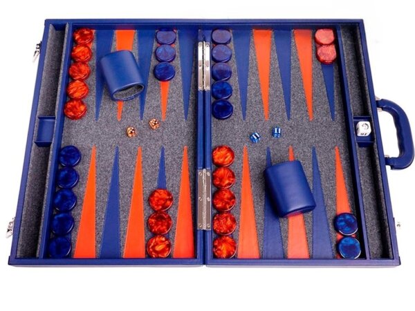 Aries™ Professional Leather Backgammon Set - Blue Case with Grey Field