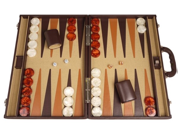Aries™ Professional Leather Backgammon Set - Brown Case with Beige Field