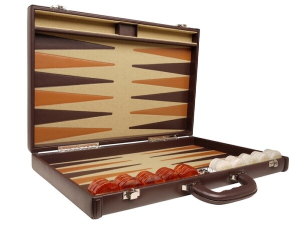 Aries™ Professional Leather Backgammon Set - Brown Case with Beige Field - Image 2