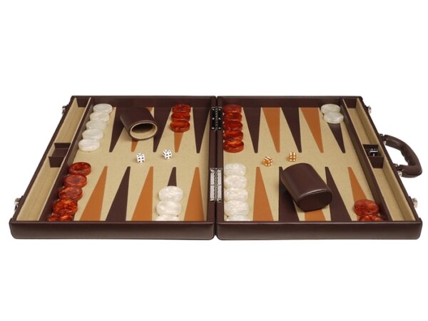 Aries™ Professional Leather Backgammon Set - Brown Case with Beige Field - Image 3