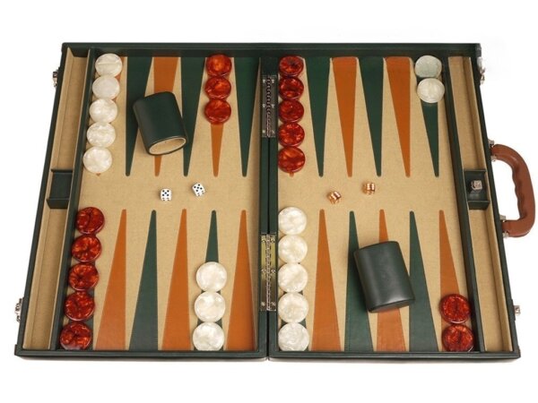 Aries™ Professional Leather Backgammon Set - Green and Tan Case with Beige Field