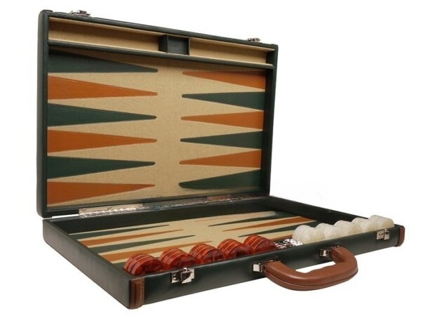 Aries™ Professional Leather Backgammon Set - Green and Tan Case with Beige Field - Image 2