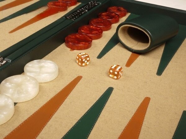 Aries™ Professional Leather Backgammon Set - Green and Tan Case with Beige Field - Image 3