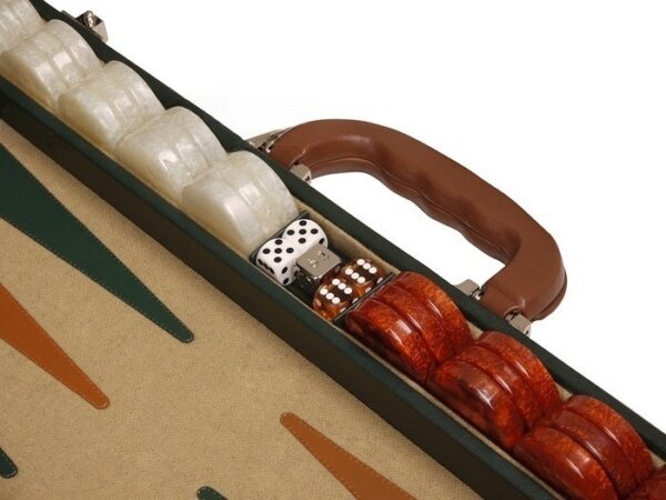 Aries™ Professional Leather Backgammon Set - Green and Tan Case with Beige Field - Image 4