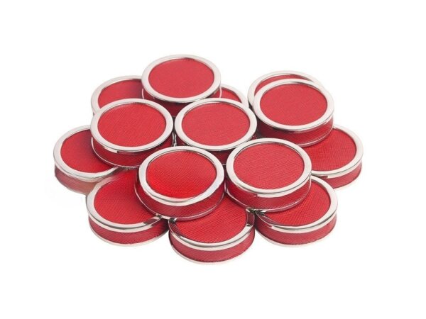 Nickel-Trimmed Backgammon Checkers with Leatherette Accent - (1 3/4in Dia.) - Red - Roll of 15