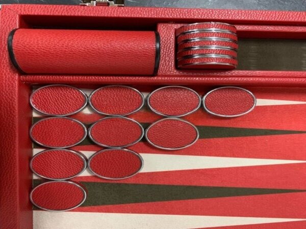 Chrome Plated Backgammon Checkers Leather - Red - ArtGammon