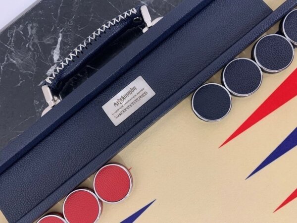 Chrome Plated Backgammon Checkers Leather - Red & Blue- ArtGammon