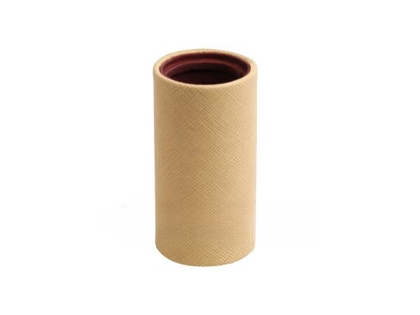 Tan Linen Leatherette Backgammon Dice Cup - Round - Cognac Interior with Trip Lip