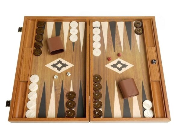 19-inch Wood Backgammon Set - Walnut with Printed Field and Side Racks