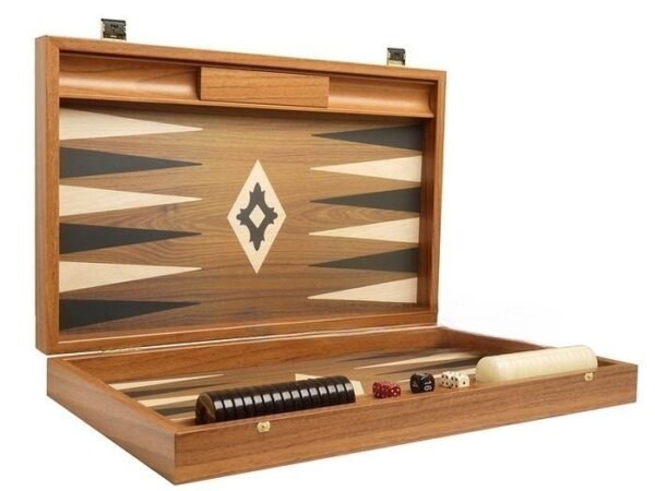 19-inch Wood Backgammon Set - Walnut with Printed Field and Side Racks - Image 2