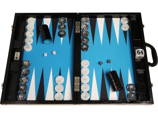 Wycliffe Brothers® 21-inch Tournament Backgammon Set - Black Croco Case with Blue Field - Gen III