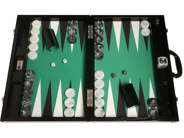Wycliffe Brothers® 21-inch Tournament Backgammon Set - Black Croco Case with Green Field - Gen III