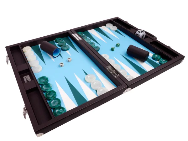Wycliffe Brothers® 21-inch Tournament Backgammon Set - Brown Case with Light Blue Field - Masters Edition - Image 3