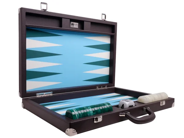 Wycliffe Brothers® 21-inch Tournament Backgammon Set - Brown Case with Light Blue Field - Masters Edition - Image 6