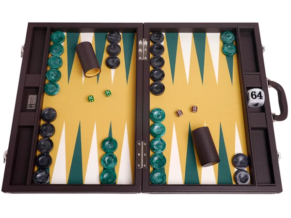 Wycliffe Brothers® 21-inch Tournament Backgammon Set - Brown Case with Mustard Field - Masters Edition