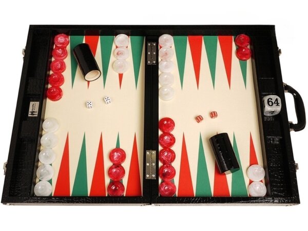 Wycliffe Brothers® 21-inch Tournament Backgammon Set - Black Croco Case with Cream Field (Green Points) - Gen III