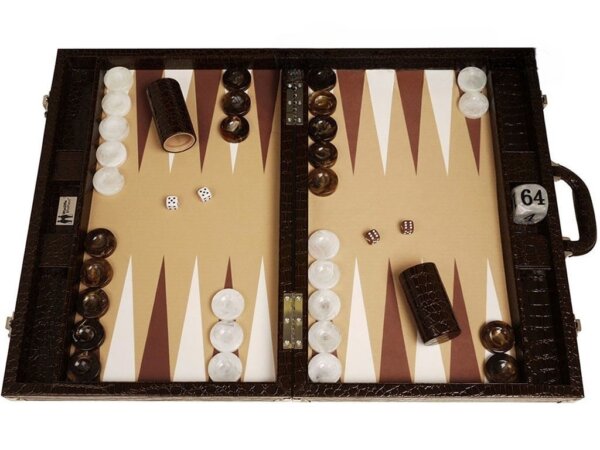 Wycliffe Brothers® 21-inch Tournament Backgammon Set - Brown Croco Case with Beige Field - Gen III